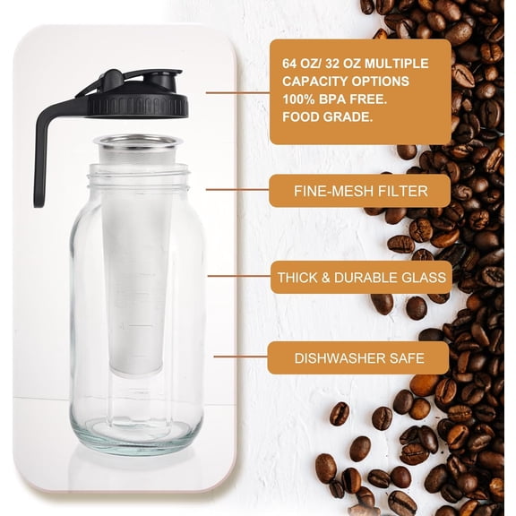 Cold Brew Coffee Maker, 2 Packs 64oz Mason Jar Pitcher with Durabel Glass & Stainless Steel Mesh Filter, Leak-Proof Glass Pither with Pour Spout Lid