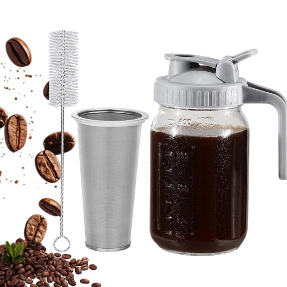 Cold Brew Coffee Maker,32/64oz Mason Jar Pitcher with Steel Filter,Pour Duty Spout Handle Lid,Heavy Airtight Glass