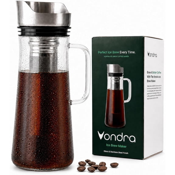 Cold Brew Coffee Maker, 32 oz Glass Pitcher with Lid, Iced Brewer & Tea Maker Stainless Steel Filter, Airtight Seal, Easy Pour Spout, Slim Fridge-Friendly Design by Vondra