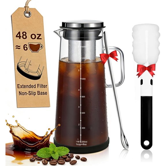 Cold Brew Coffee Maker 48oz/1.4L, Airtight Glass Carafe with Extended Fine Mesh Stainless Steel Filter, Iced Tea & Fruit Pitcher with with Handle and Removable Base