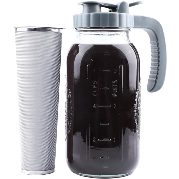 Cold Brew Coffee Maker 64 OZ Mason Jar Pitcher With Infuser 2 Quart Wide Mouth Iced Pour Spout Lid And Handle Half Gallon Airtight & Leakproof For Fridge