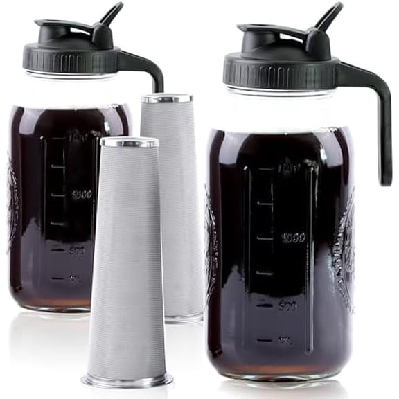 Cold Brew Coffee Maker 64 Oz Mason Jar Iced Coffee Maker 2 Set Half Gallon Glass Pitcher With Pour Spout Lids 2 Quart Wide Mouth Cold Brew Pitcher With Strainer For Fridge, Lemonade, Cold Brew, Milk