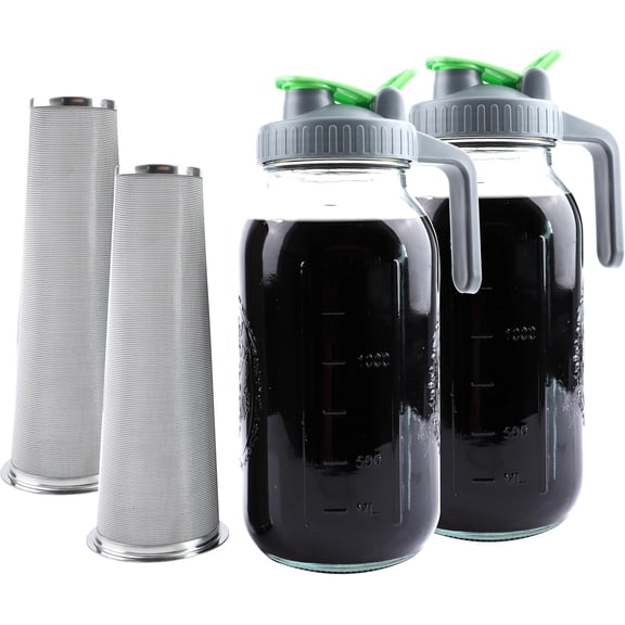 Cold Brew Coffee Maker 64 Oz Mason Jar Iced Tea Pitcher With Strainer 2 Set Half Gallon Glass Pitcher With Spout Lid 2 Quar Water Jug For Fridge Beverage, Sun Tea, Hot Cold Brew, Lemonade, Juice