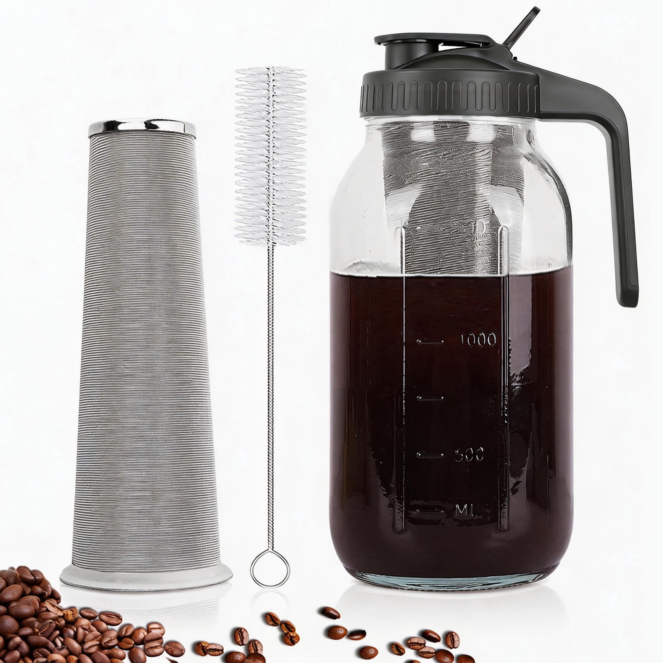 Cold Brew Coffee Maker, 64 oz Mason Jar Pitcher with Stainless Steel Filter, Pour Spout Handle Lid, Glass Airtight & Leak-Proof Pitcher for Iced Brew Coffee & T