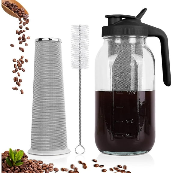 Cold Brew Coffee Maker,64 oz Mason Jar Pitcher with Stainless Steel Filter, Pour Spout Handle Lid, Heavy Duty Glass Airtight & Leak-Proof for Iced Coffee,Tea & Lemonade