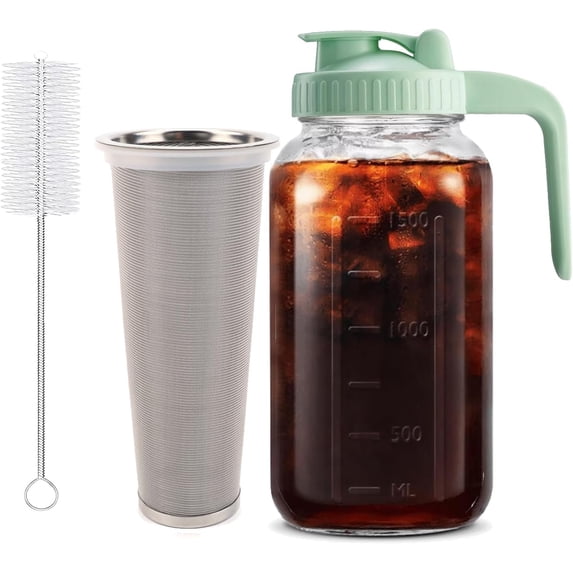 Cold Brew Coffee Maker, 64oz / 2Quart Glass Pitcher with Stainless Steel Filter and Pour Spout Handle Lid, Mason Jar for Making Cold Coffee, Fruit Drinks, Sun Tea (1, 64 Ounces)