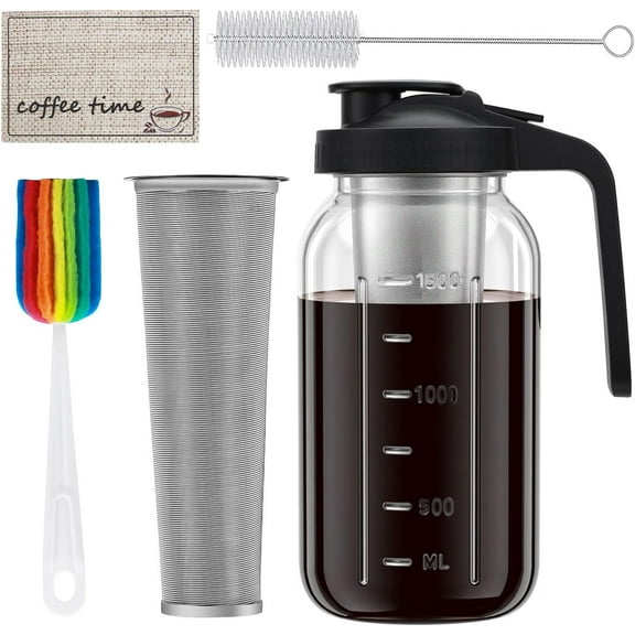 Cold Brew Coffee Maker, 64oz Pitcher with Stainless Steel Filter & Mat, Glass Mason Jar Airtight Lid, Brewer Kit Tea Infuser Pitcher, Gifts for Lovers