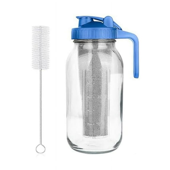Cold Brew Coffee Maker,64oz Wide Mouth Jar Pitcher with Filter,Pour Spout Handle Lid,Leak-Proof Pitcher Glass Blue