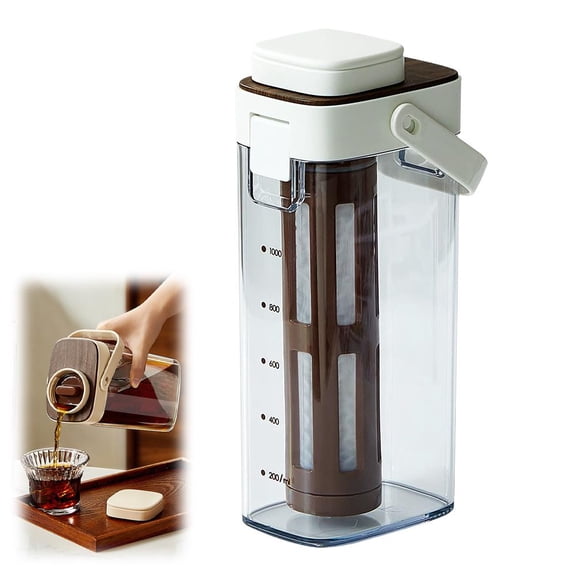 Cold Brew Coffee Maker with Extended Filter Core, 1L Leakproof Cold Brew Pitcher for Home & Travel, Mess-Free Pour System No Need to Remove Filter, Portable Iced Coffee Pot with Carry Handle