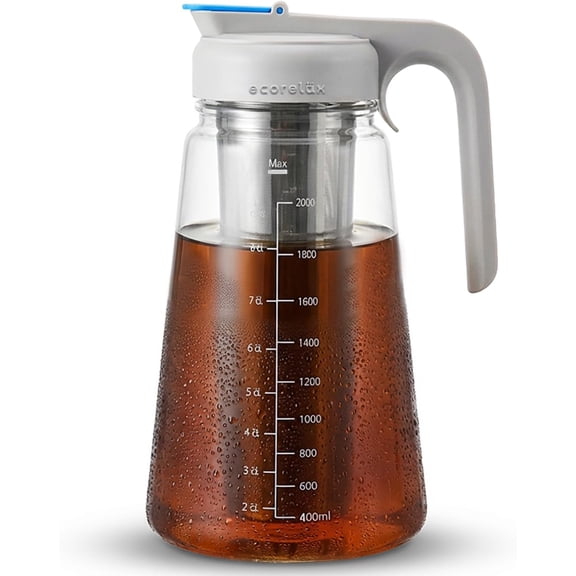 Cold Brew Coffee Maker,High Transparency Borosilicate Glass Container with Stainless Steel Filter, Iced Tea Pitcher Lid,Modern Style, Ergonomic Handle,Spill-proof Lid (Gray 64oz)