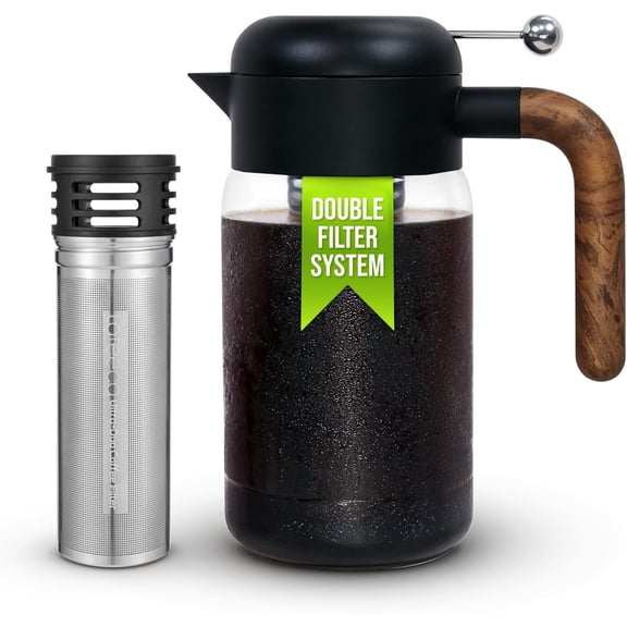 Cold Brew Coffee Maker - Iced Tea Brewer with Airtight Lid - Stainless Dual Ultra Filter - Tritan Pitcher - 1500 ml / 51 oz - Black