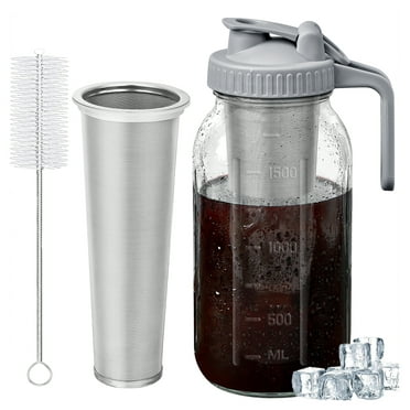 Cold Brew Coffee Maker Jar - 64oz Thick Glass Multipurpose Mason Pitcher Spout Lid with Handle & Stainless Steel Filter for Iced Brew Coffee, Lemonade, Ice Tea, Homemade Fruit Drinks Container