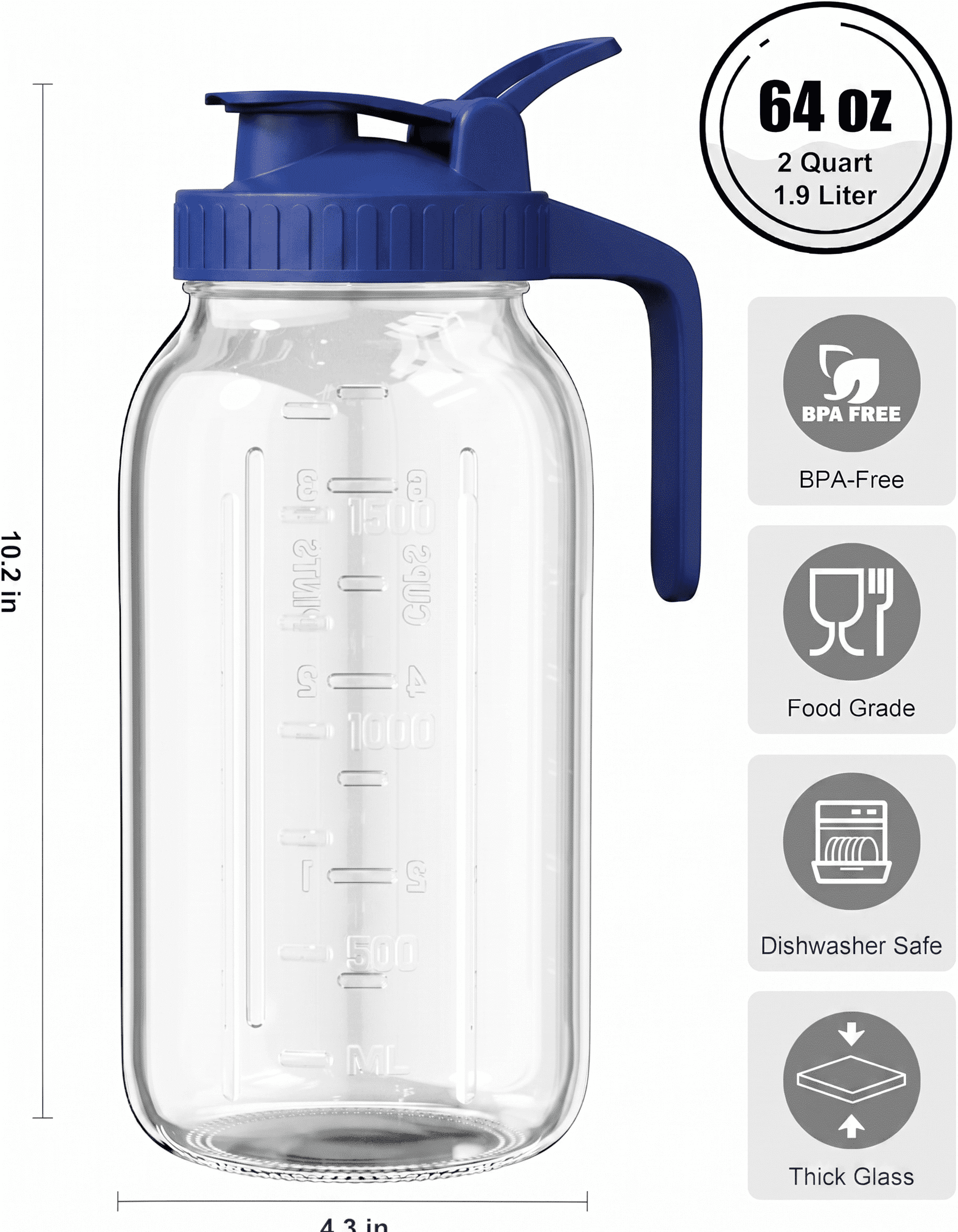 64oz Glass Pitcher with Lid, 2 Quart Mason Jar Pitchers, Ultra-thick Glass, Leak Proof, Wide Mouth Breast Milk Glass Jug, Cold Brew Coffee, Fridge Container for