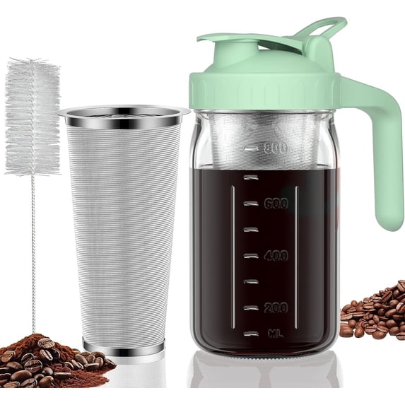 Cold Brew Coffee Maker Pitcher, 32 oz Thick Glass Mason Jar Spout Lid with Handle & Stainless Steel Filter for Iced Brew Coffee, Ice Lemonade, Sun , Fruit Drinks Container