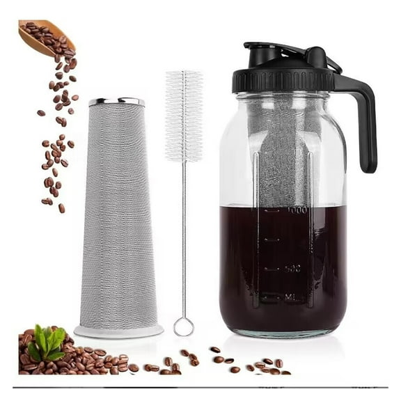 Cold Brew Coffee Maker Pitcher 64 OZ - Glass Mason Jar with Stainless Steel Infuser Filter for Iced Coffee, Ice Tea, Brewed Making