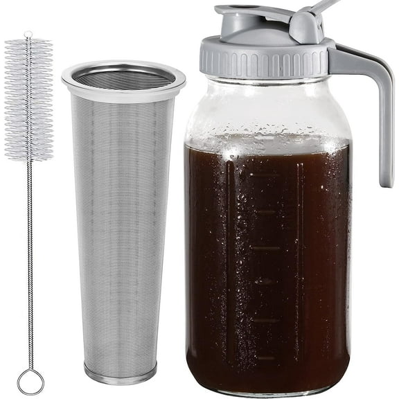 Cold Brew Coffee Maker Pitcher, 64 Oz Heavy Duty Wide Mouth Glass Mason Jar pour spout Lid with Stainless Steel Filter for Iced Coffee, Ice Lemonade, Fruit Drinks, Sun Tea