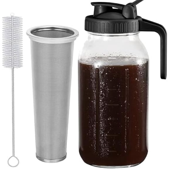 Cold Brew Coffee Maker Pitcher, Black 64 Oz Heavy Duty Wide Mouth Glass Mason Jar pour spout Lid with Stainless Steel Filter for Iced Coffee, Ice Drinks