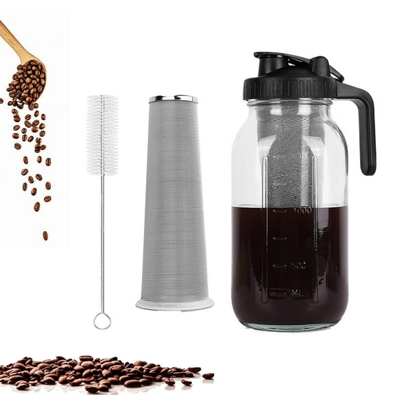 Cold Brew Coffee Maker Pitcher, Heavy Duty Wide Mouth Glass Mason Jar with Pour Spout Lid, Stainless Steel Filter & Brush, Glass Coffee Pot for Iced Coffee, Ice Lemonade, Fruit Drinks, Sun Tea