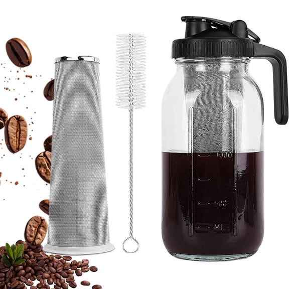 Cold Brew Coffee Maker with Stainless Steel Filter, Pour Spout Handle Lid, LeakProof Heavy Duty Glass Pitcher for Iced Coffee,Lemonade,Ice Tea & Fruit Drinks
