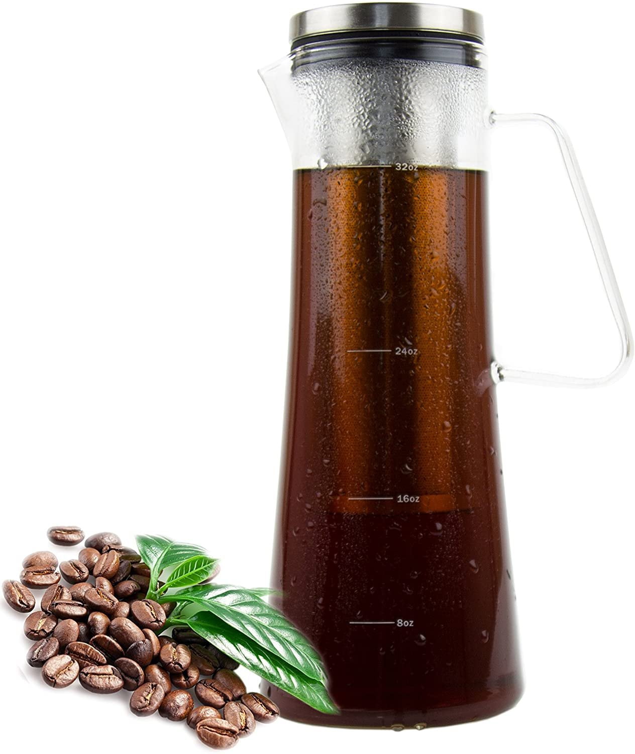 Aquach Cold Brew Coffee Tea Maker 34oz 1L Hand-Blown Glass Pitcher Stainless