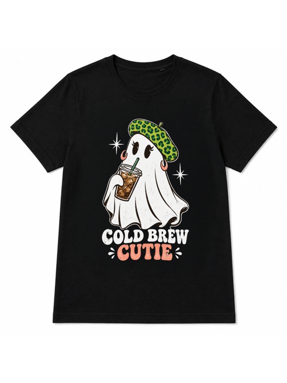 Cold Brew Cutie Ghost Women's Round Neck Short Sleeve Retro Pattern T-Shirt