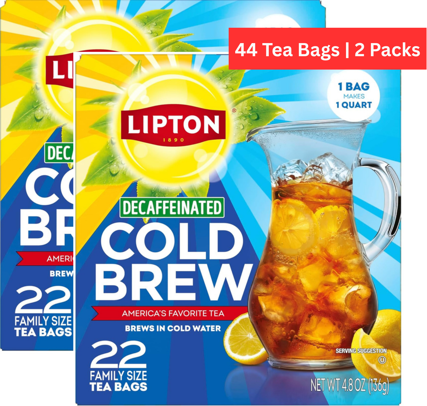 Lipton Cold Brew Decaffeinated Pitcher Size Tea Bags, 22ct tea bags - 2 Boxes