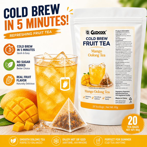 Cold Brew Fruit Tea Bags  Mango Oolong Tea, No Sugar Added, Real Fruit Flavor, Iced Tea Ready, 20 Pyramid Tea Bags