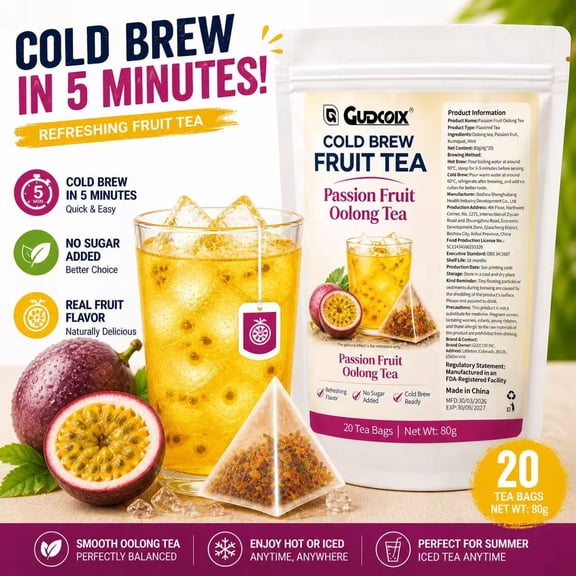 Cold Brew Fruit Tea Bags – Passion Fruit Oolong Tea, No Sugar Added, Real Fruit Flavor, Iced Tea Ready, 20 Pyramid Tea Bags