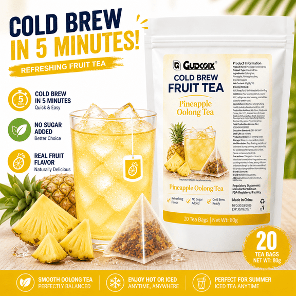 Cold Brew Fruit Tea Bags – Pineapple Oolong Tea, No Sugar Added, Real Fruit Flavor, Iced Tea Ready, 20 Pyramid Tea Bags