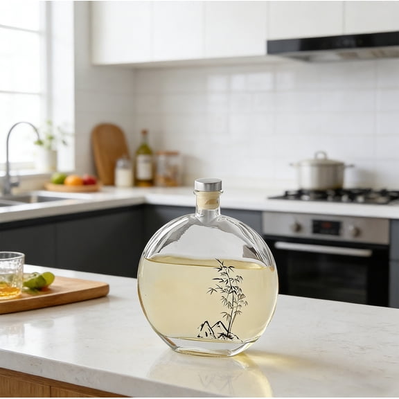 Cold Brew Glass Tea Bottle, 6.22 Inch Chinese Ink Bamboo Design Flat Round Pot with Wood Stopper Metal Lid, Narrow Mouth Container for Tea Wine Liquor Fruit Cocktail Kitchen Bar Use