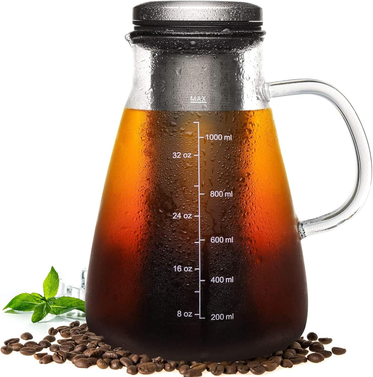 Cold Brew Iced Coffee Maker 51oz, Brewed Coffee Pitcher with Removable Double Mesh 304 Stainless Steel Filter, BPA-Free Glass Container and Tea Maker