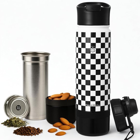 Cold Brew & Infuser Bottle - 18oz Travel Water Bottle with Storage, Dual & Coffee Filter - Fruit Water & Coffee Maker - FLASKMATE -in-One System (Classic Chess)