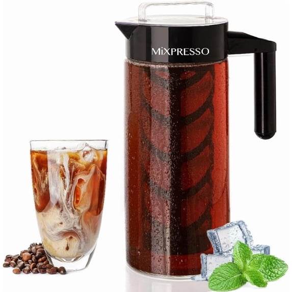 Cold Brew Maker For Iced Coffee and Tea, Glass Pitcher, Tea Infuser Loose Leaf 44oz Large Ice Brewer with Easy to Clean Reusable Mesh Filter.