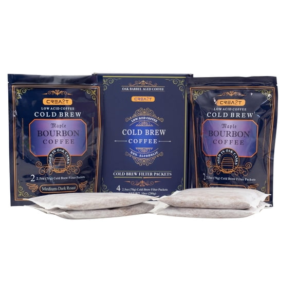 Cold Brew Maple Bourbon flavored coffee - Pack of 4 Cold Brew GROUND Filter packets 2.5oz each totalling 10oz.