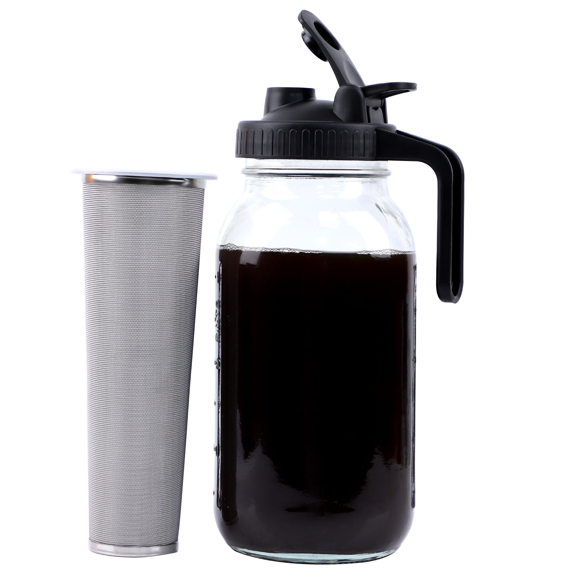Cold Brew Coffee Maker Pitcher, 64 Oz Heavy Duty Wide Mouth Glass Mason Jar  pour spout Lid with Stainless Steel Filter for Iced Coffee, Ice Lemonade