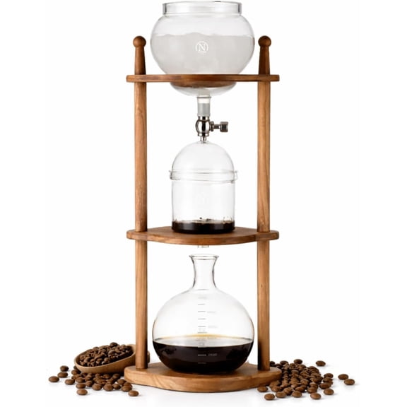 Cold Brew coffee Maker Ice Coffee Drip Machine with Advanced Slow Drip Technology Borosilicate Glass with Wood Tower, 6-8 Cup, Brown