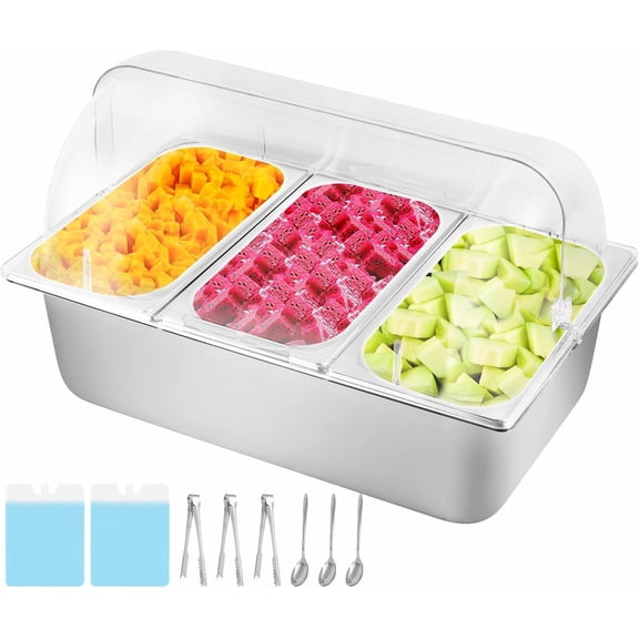 Cold  Buffet Server 3 Pansx4QT with Ice Packs for Salad Pizza Sauce Colded Serving Trays Condiments Containers for Parties Buffet