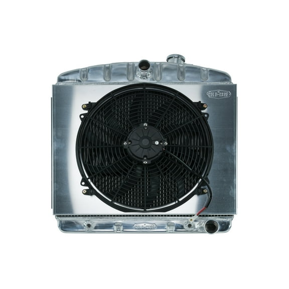 Cold Case Radiators CCRCHT563AK 23.5 x 23.5 x 3 in. Center Inlet Passenger Side Outlet Radiator & Fan for 1955-1957 Chevy V6 Chevy Full - Polished
