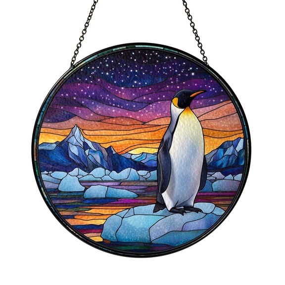 Cold Climate Bird Stained Glass Style Window Hanging, Penguin Art Panel, Decorative Glass Style Window Decor for Winter Home Accent