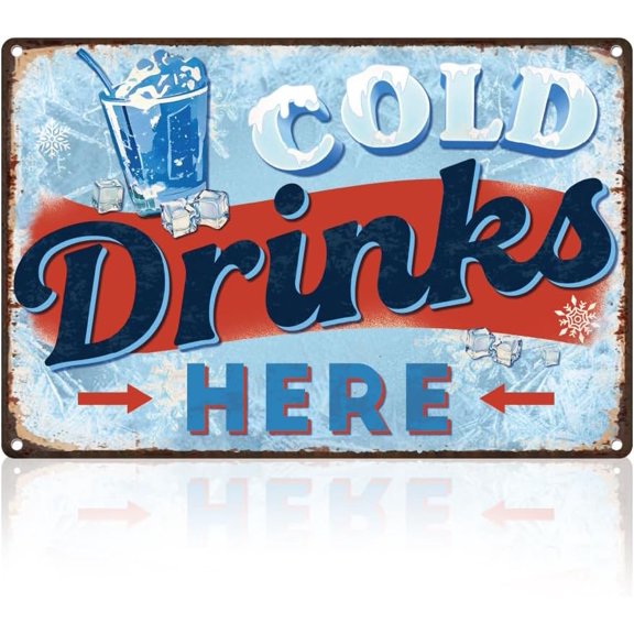 Cold Drinks Here Retro Wall Decor Metal Tin Sign 8" x 12" Ice Beverages Vintage Wall Art Poster for Kitchen Home Restaurant Shop Man Cave Clubs Decor Gift