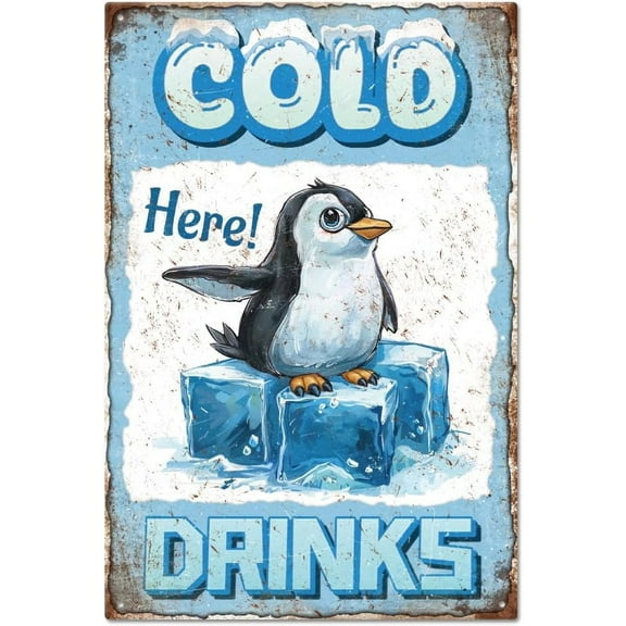 "Cold Drinks" Tin Sign Penguin Ice Block Metal Tin Sign Vintage Metal Tin Sign 128inch Funny Wall Decor Tin Signs for Home Farm Bar Coffee Shop Club Decoration