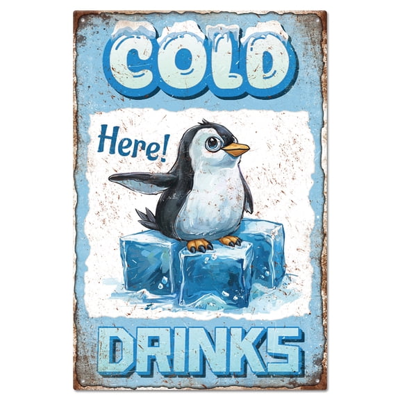 "Cold Drinks" Tin Sign Penguin Ice Block Metal Tin Sign Vintage Metal Tin Sign 128inch Funny Wall Decor Tin SignsDIY