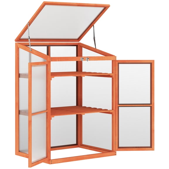 Cold Frame Greenhouse, Solid Pine Wood Mini Plant Cabinet with Polycarbonate Panels, 2 Removable Shelves, Lockable Double Doors, 30"L x 23.5"W x 43.75"H, Golden Red Finish for Garden