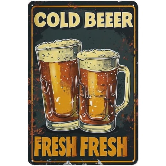 Cold Fresh Beer Sign for Man Cave Home Bar Clubs Cafes Decor Great Housewarming Gift for Beer Lovers Yellow Beer Metal Tin Sign Art Poster Wall Decor 8 x 12 inches