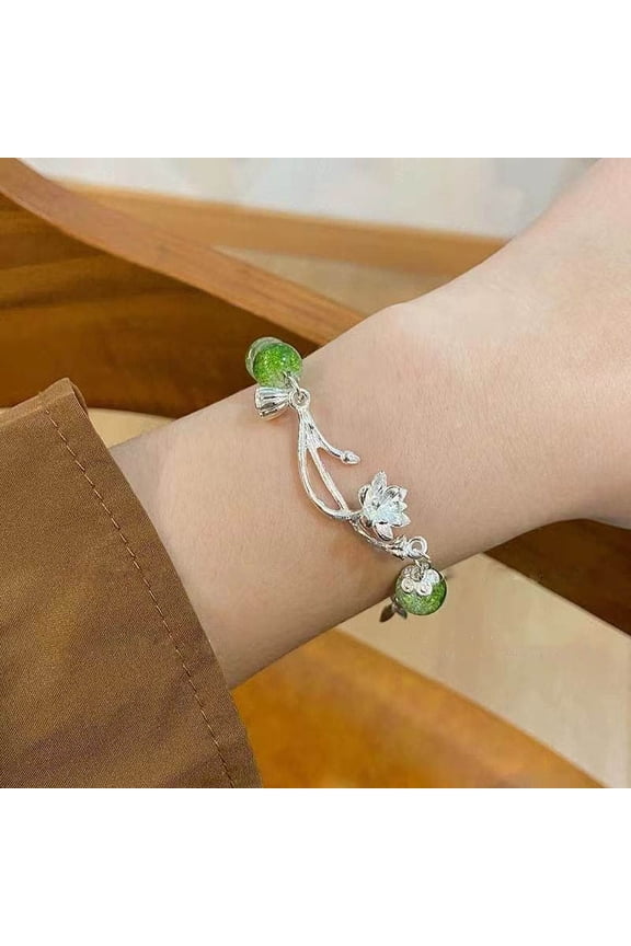 Womens Flower Bracelet Antique Alloy Design with Cold Lotus Beaded Accent for Women and Girls Adjustable Length Chinese
