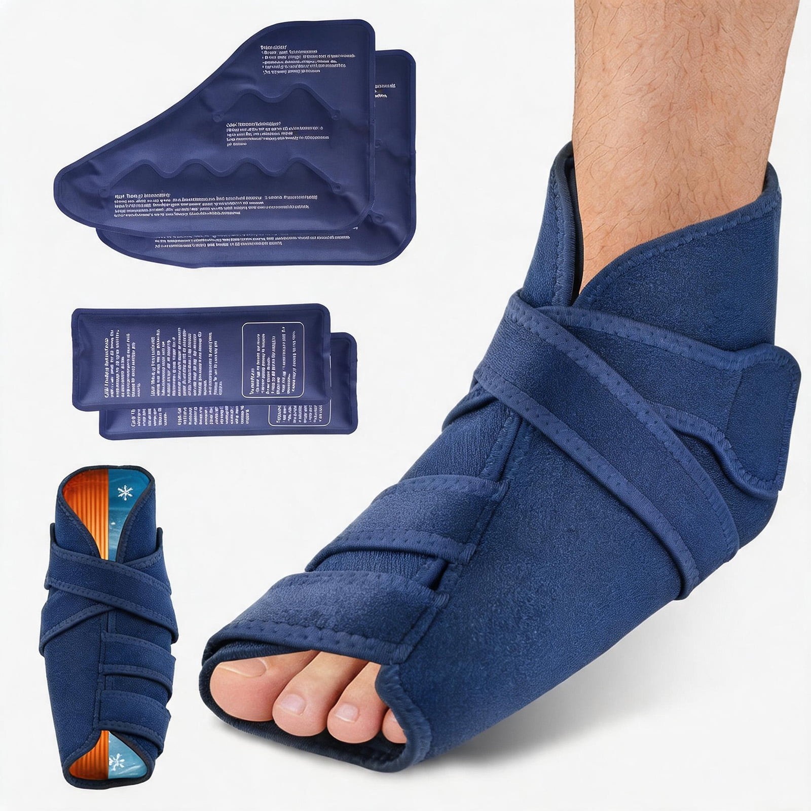 Cold Pack Wap with 4 Gel Packs, Ice Pack Wrap 360° Solid Gel Cooling Compression, Ice Packs for Foot Muscle Relaxation and Comfort, for Achilles Tendonitis Sprained Ankles & Heels, Blue