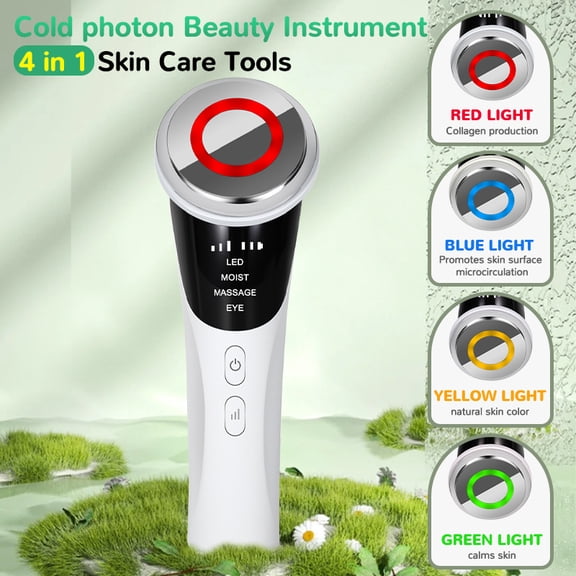 Cold Photon Beauty Instrument 4 in 1 Skin Care Tools Facial & Neck Massager with Red Blue Yellow Green Light for Women