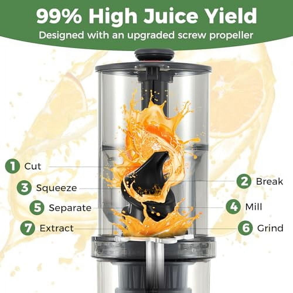 Cold Press Juicer, 5.3" Wide Feed Chute Easy to Clean Juicers w/Cleaning Brush & 2 Cups, 200W Power Motor Slow Masticating Juicer Machine w/High Juice Yield for Whole Vegetables &
