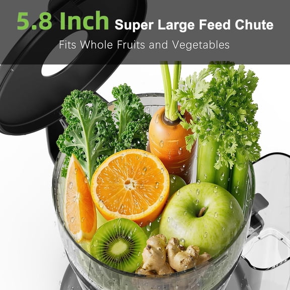 Cold Press Juicer with 5.8 Inch Wide Feed Chute for Whole Fruits and Vegetables, Slow Masticating Extractor for High Nutrient Retention Quiet Operation Easy Clean Home Kitchen