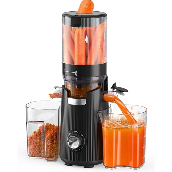 Cold Press Juicer, Auto Feed & Pre-cut, 55 RPM Slow Masticating High Juice Yield Juicer Machines, Easy to Clean, 5.3" Wide Chute, 1.8L Hopper with 2 Cups, Black